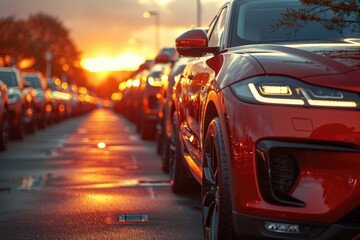 A row of red cars in the parking lot