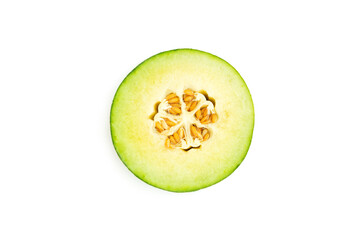 Cantaloupe melon cut in half isolated on white background, Green melon	