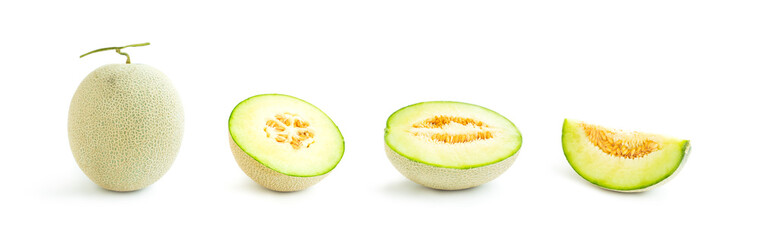 Cantaloupe melon cut in half isolated on white background, Green melon	