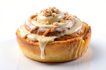 Fototapeta premium One cinnamon roll with almond isolated on white background, sweet bun, cromboloni