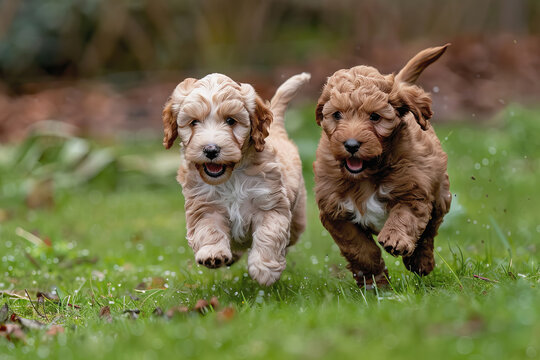 Two cockapoo or cockerpoo pups running in grass, AI generated
