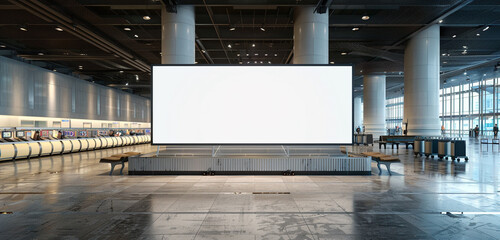 Facing the baggage carousel, a wide blank billboard mockup in a sprawling airport terminal, ultra-realistic format.