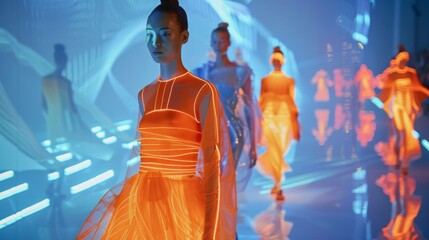 A futuristic fashion show where models walk down the runway in garments that change color and shape as they move thanks to virtual reality technology.