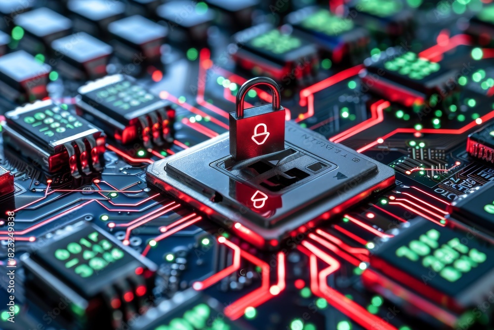 Poster red lock on circuit board representing cybersecurity and data protection in digital technology