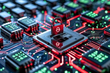 Red Lock on Circuit Board Representing Cybersecurity and Data Protection in Digital Technology