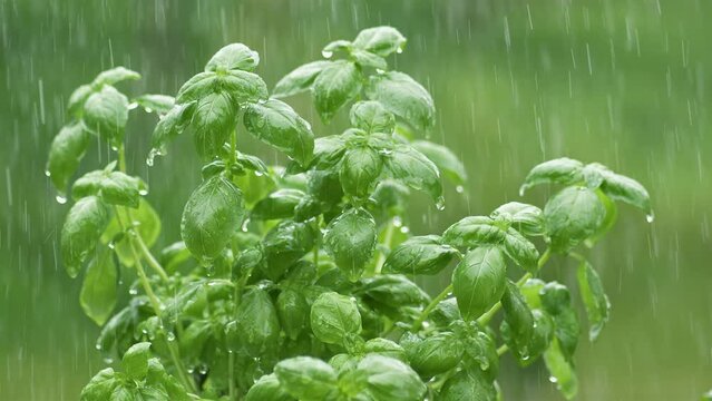 It is raining on basil herbs in green spring nature, refreshing rain
