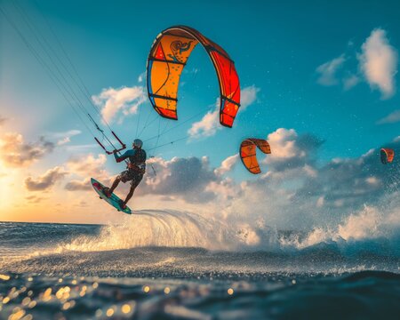 A thrilling action shot of a kite surfer performing an aerial stunt over the ocean waves during sunset, with vibrant kites in the background.