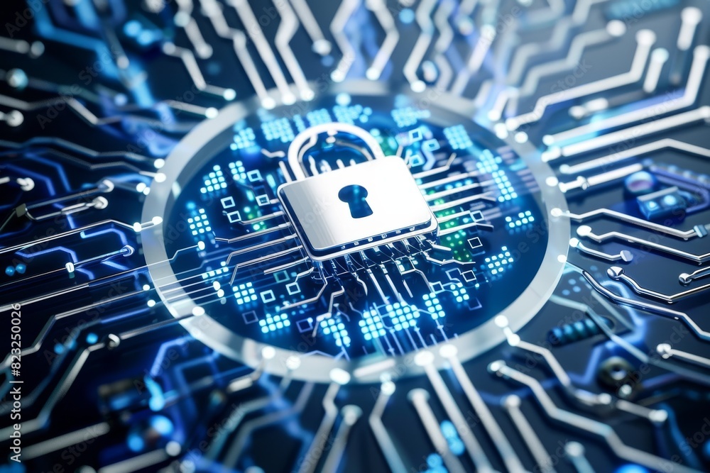 Poster blue lock on circuit board representing cybersecurity and data protection in digital technology