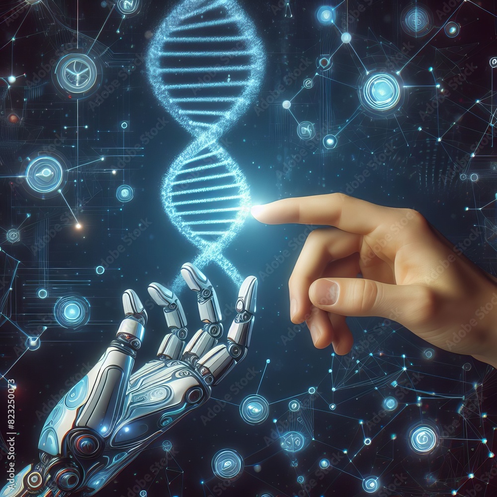 Poster a robotic hand with detailed mechanics reaches out to touch a glowing dna helix, set against a backd