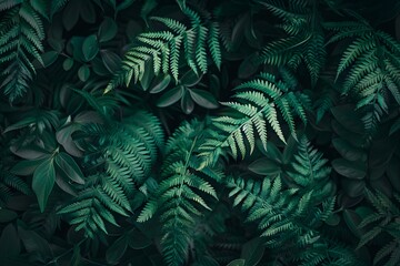 Close-up Dark Green Fern Leaf Texture Background