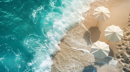 Fototapeta premium Aerial view of a tropical beach with turquoise ocean waves and white parasols on the sandy shore, creating a serene and relaxing atmosphere.