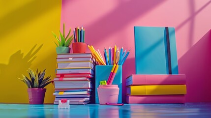 Fototapeta premium Colorful workspace with stack of books, potted plants, and an array of pencils against vibrant pink and yellow wall.