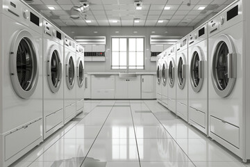 washing machines in a clean utility laundry room or washing service room interior front view shot...