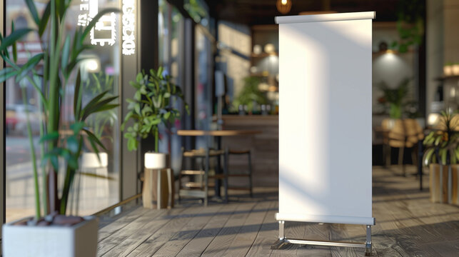 Mock up of a blank white roll up advertising banner in front of a cafe, the clean and smooth surface details of the banner are clearly visible, Ai Generated Images