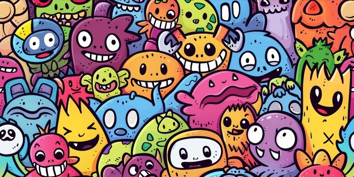 Abstract face cute monsters cartoon character in kawaii doodle style.