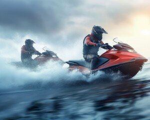 Two people riding jet skis at high speed on a wavy sea with dramatic clouds and the sun setting in the background.