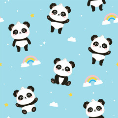 Seamless pattern with cute kawaii pandas, rainbows, clouds on a blue background. Vector graphics.