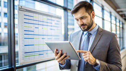 Fototapeta premium Project Manager with Digital Workflow: A project manager reviewing a digital workflow on a tablet, showcasing efficient project management tools.