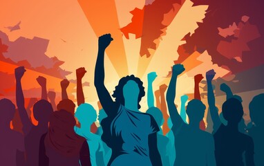 Colorful illustration of a crowd with raised fists, symbolizing unity, strength, and protest against a beautiful sunset background.