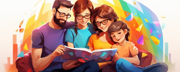 Fototapeta premium Happy family bonding and reading together on the couch. Colorful background, joyful expressions, leisure time, and togetherness.