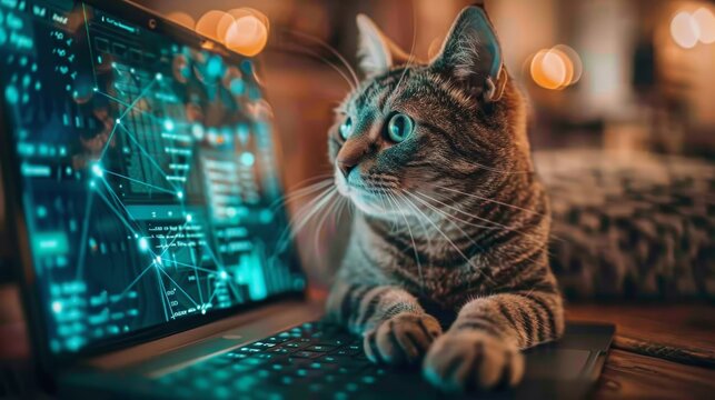 A curious cat looks at a laptop screen displaying code and digital graphics in a warm, cozy setting.