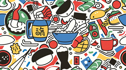 Fototapeta premium Japanese Food Doodle Background, this colorful background 