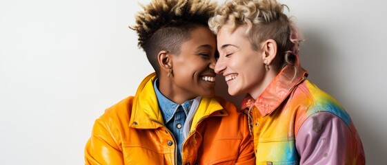 Two people share a joyful and intimate moment, smiling and wearing colorful jackets. A symbol of love and happiness.