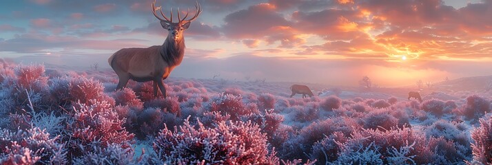 Atop windswept moors of Dartmoor a pair of red deer graze peacefully amidst the heathercovered landscape