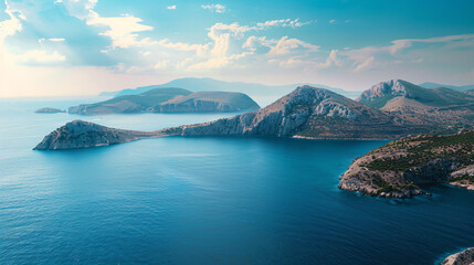 Fototapeta premium Viewed from above, the expansive sea stretches out, dotted with picturesque islands.azure waters shimmer under bright sun, while the islands' lush greenery contrasts beautifully against blue backdrop.
