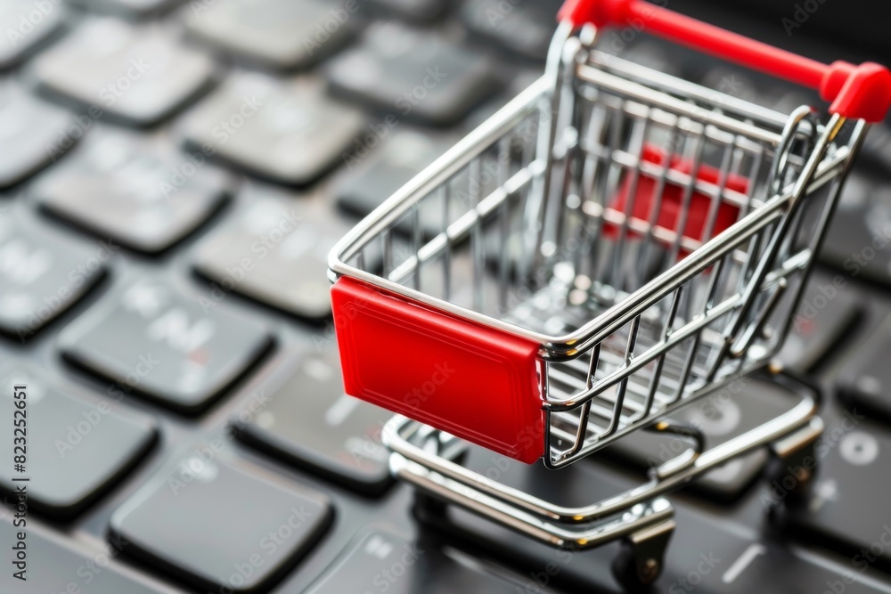 Poster shopping cart on keyboard representing secure online shopping and ecommerce convenience in digital e