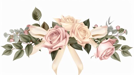 light peach roses with green leaves on a cream colored ribbon.