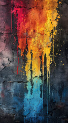 Colorful wall covered in paint splatters. Generative AI