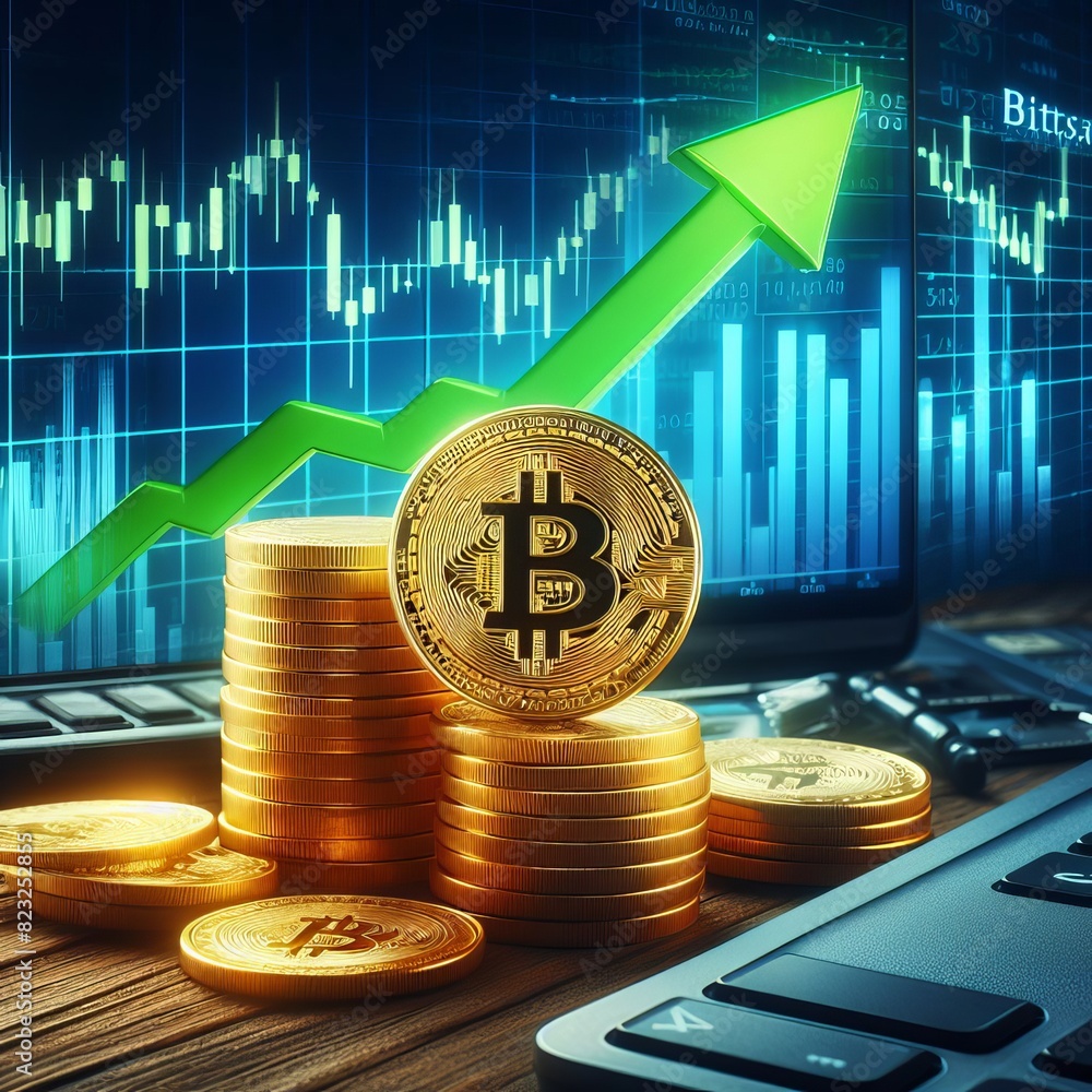 Poster close-up of a computer screen displaying bitcoin with a sharply rising green arrow, symbolizing a bu