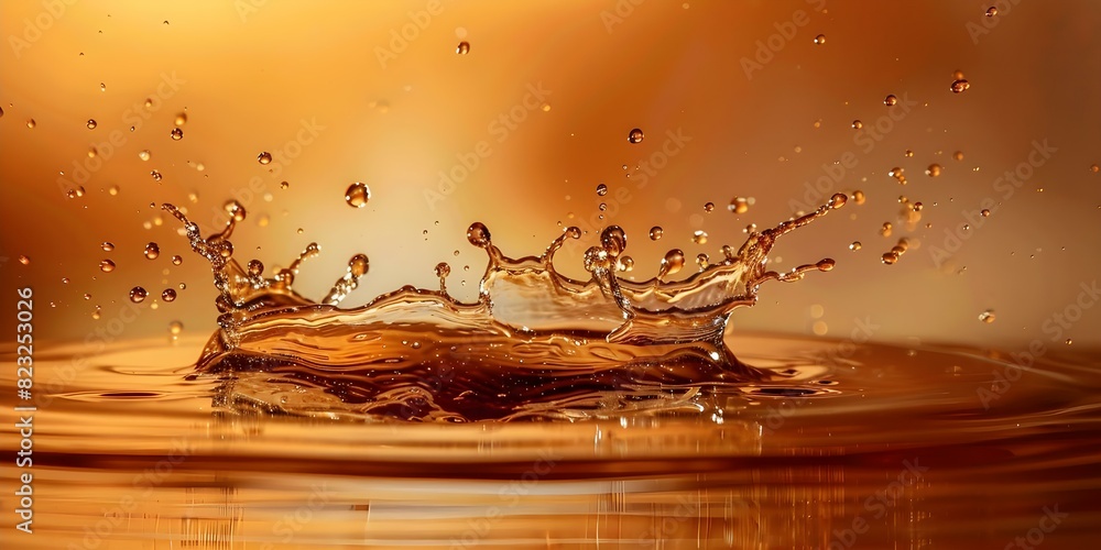 Poster closeup water drop collision creating splash effect on water surface. concept water drop collision, 