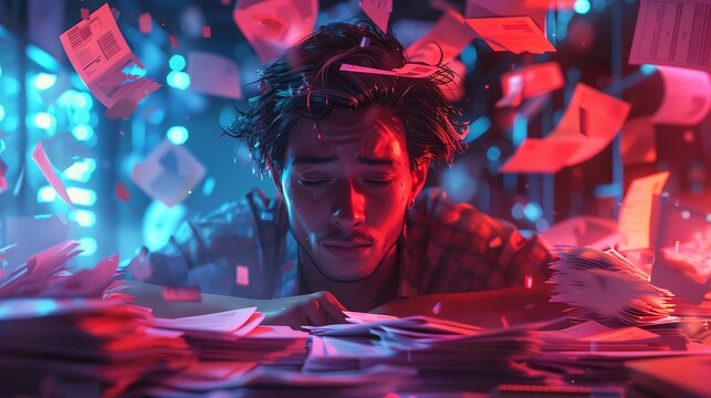 Stressed man amid flying papers and documents, overwhelmed with work, illuminated by blue and red lights, symbolizes chaos and pressure