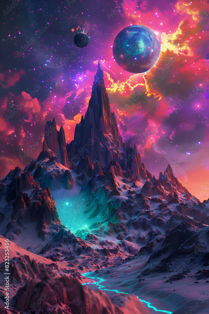Poster a colorful space scene with a mountain in the middle and a river running through it. the mountains a
