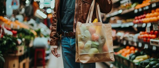 A person holding a reusable shopping bag in a market