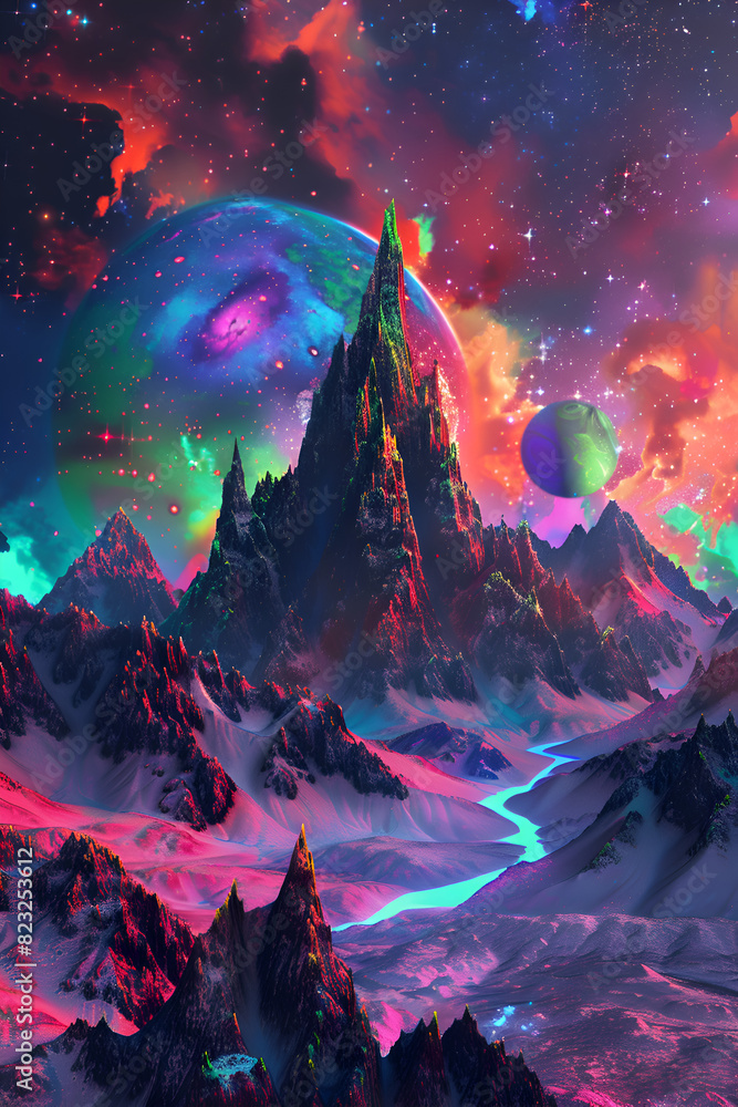 Poster a colorful space scene with a mountain in the middle and a river running through it. the mountains a