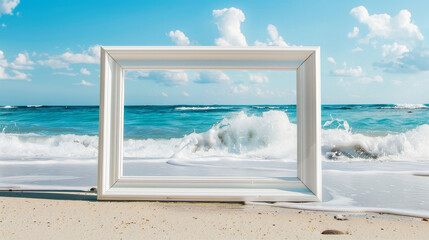 A white picture frame against a beach with white sand and blue waves