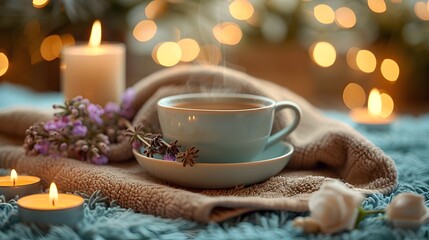 Cozy Winter Spa Moment with Herbal Coffee and Candles Promoting Relaxation and Self Care