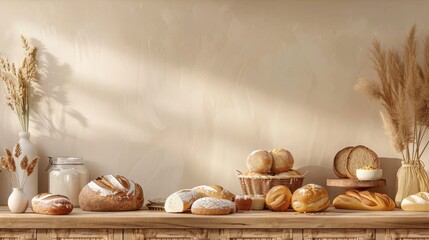 Minimalistic Nordic-style bakery with fresh bread against a beige background. The clean and simple design emphasizes the quality and freshness of the baked goods.