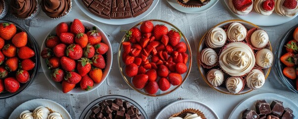 Top view of delicious desserts and fresh strawberries arranged in bowls on a white tablecloth, perfect for food and culinary presentations.