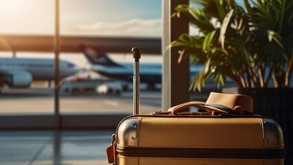 Holiday travel with luggage at airport, banner, close up , copy text