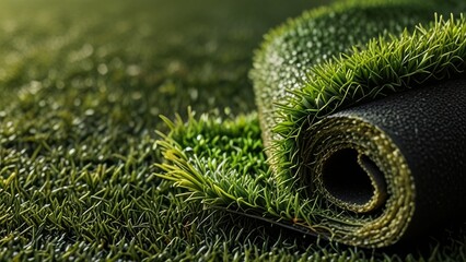 Artificial turf roll for sports field or lawn background, ideal for outdoor settings, close up , copy text