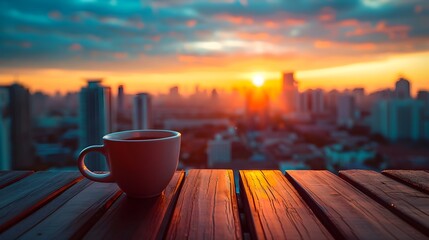 Dynamic Cityscape Sunset with Coffee Cup on Rooftop Terrace