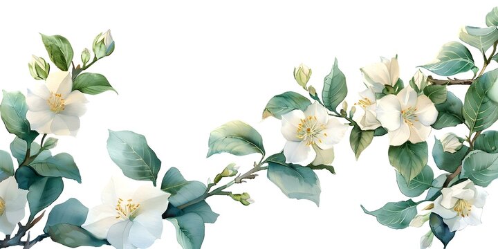 Botanical corner border design featuring watercolor jasmine flowers. Concept Watercolor Jasmine Flowers, Botanical Border Design, Floral Art, Nature Illustration, Hand-painted Botanical Art