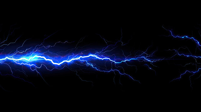 Lightning, electric thunderbolt strike of blue color isolated on black background