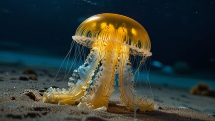 Beautiful yellow blue neon Jellyfish swim Under water