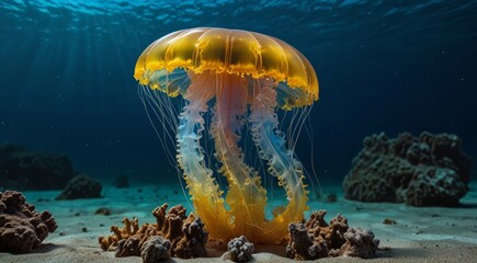 One big beautiful yellow blue neon Jellyfish swim Under water