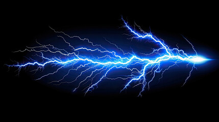 Lightning, electric thunderbolt strike of blue color isolated on black background
